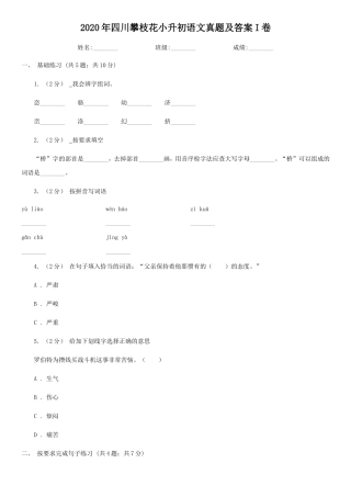 2020年四川攀枝花小升初语文真题及答案I卷