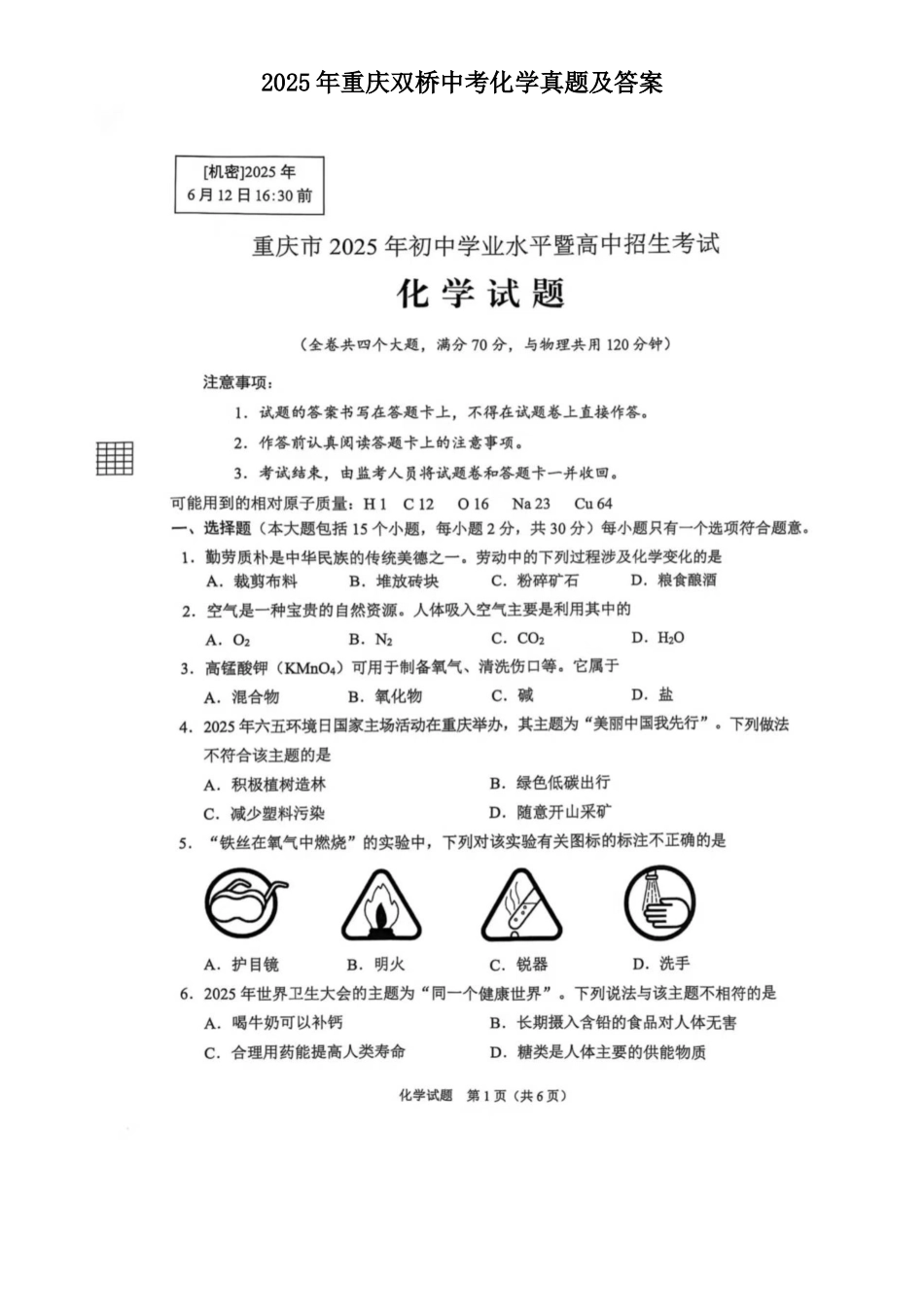 2025年重庆双桥中考化学真题及答案 (1)_第1页