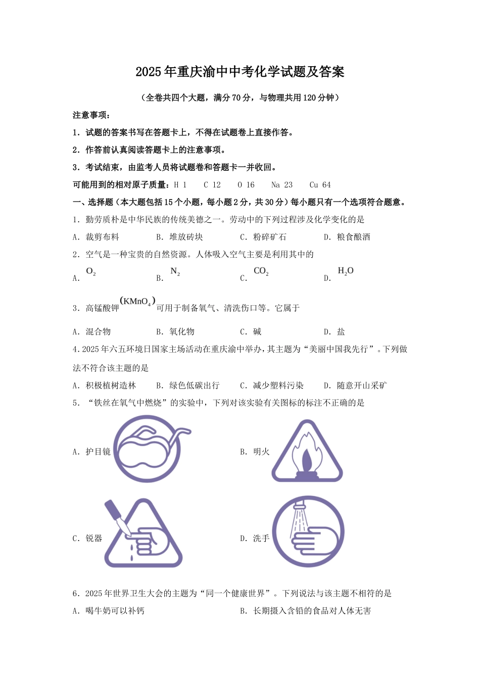 2025年重庆渝中中考化学试题及答案_第1页
