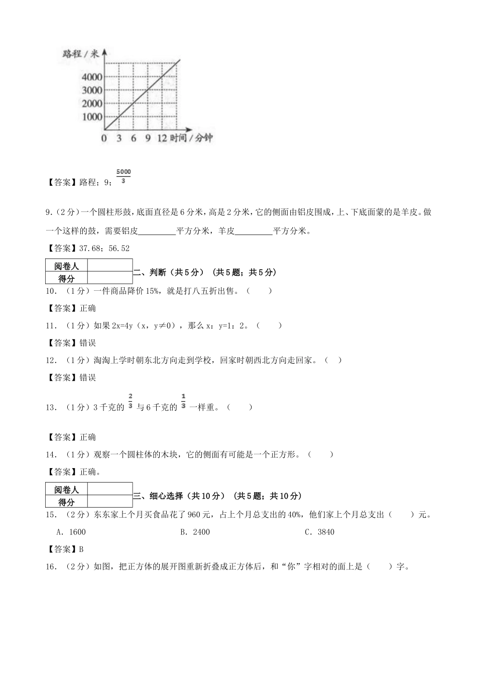 2021年陕西延安富县小升初数学真题及答案_第2页