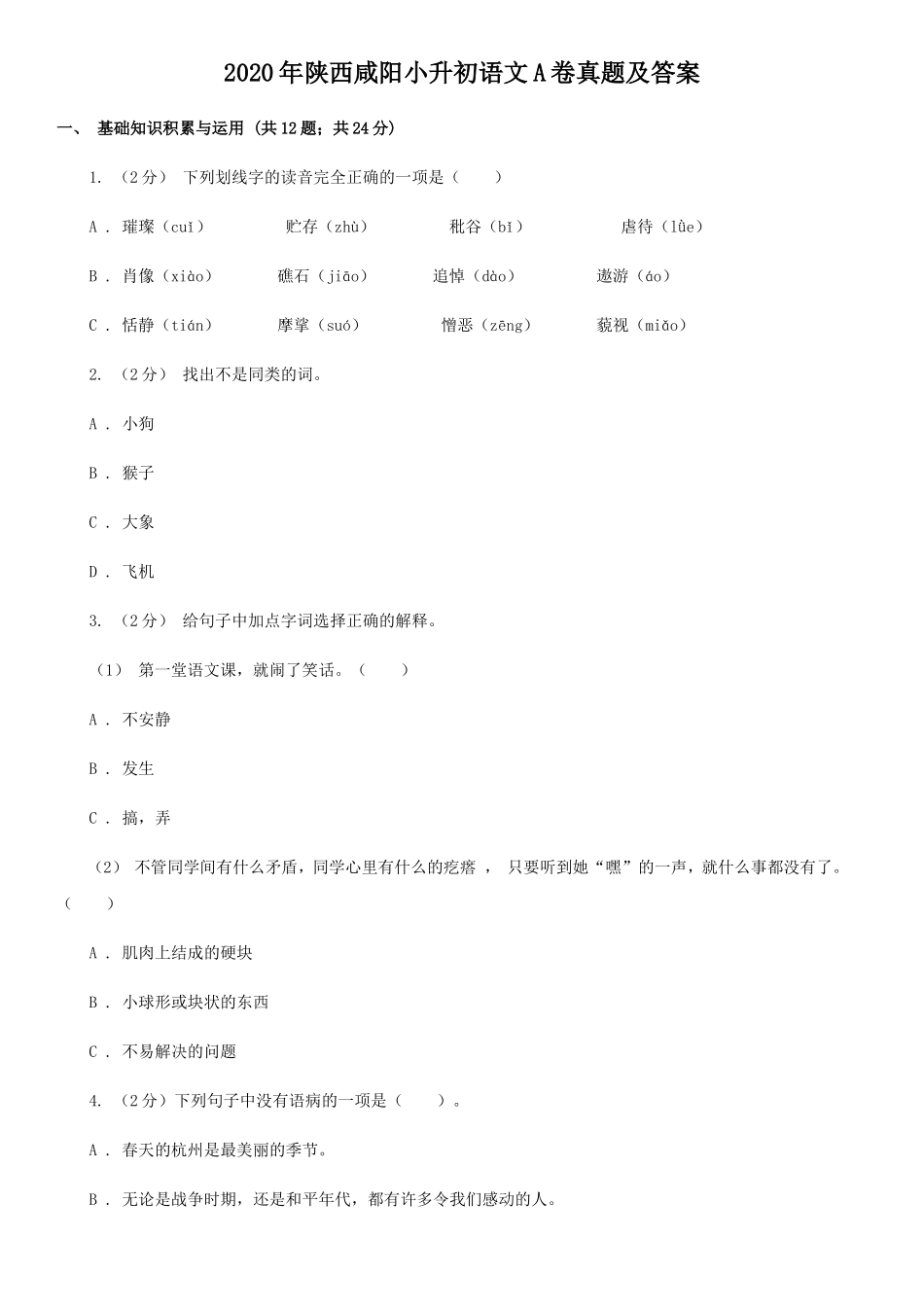 2020年陕西咸阳小升初语文A卷真题及答案_第1页