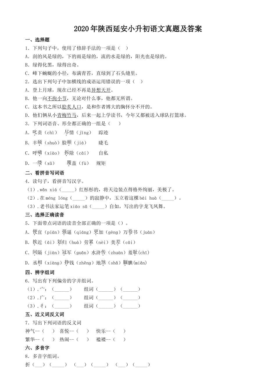 2020年陕西延安小升初语文真题及答案_第1页