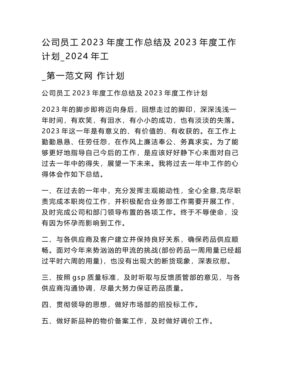 公司员工2023年度工作总结及2023年度工作计划_2024年工作计划_第1页