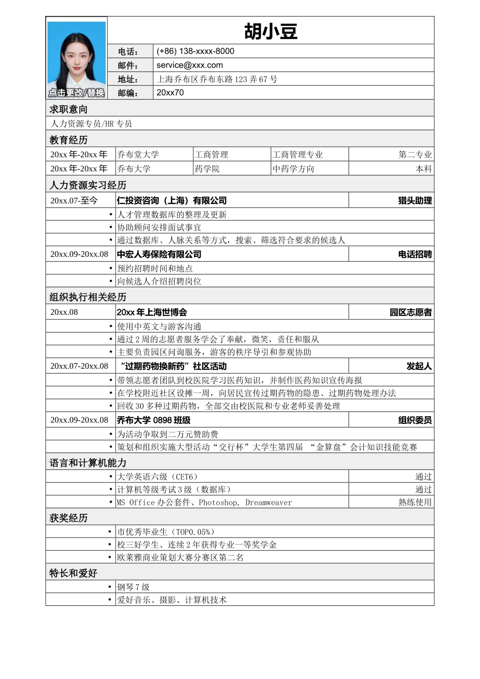 应聘人力资源专员相关工作简历模板_第1页