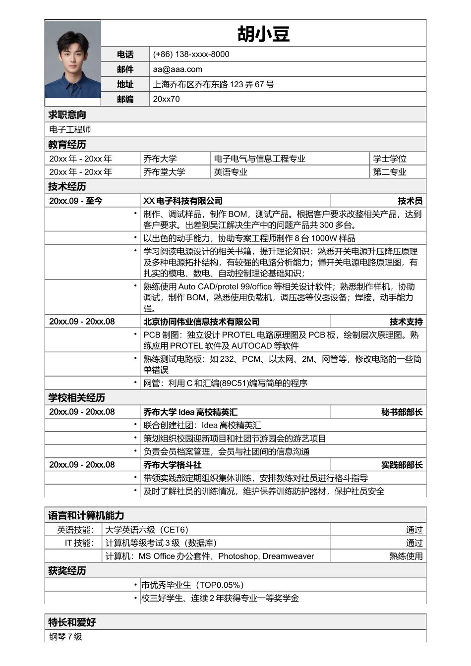 应聘电子工程师岗位简历模板_第1页