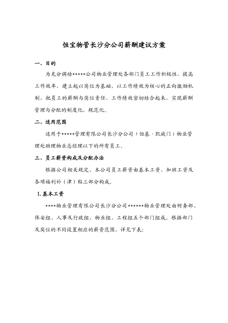 某物管长沙分公司薪酬建议方案_第1页