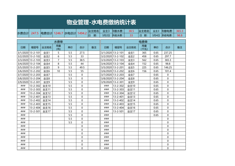 水电费缴纳统计表excel模板_第1页