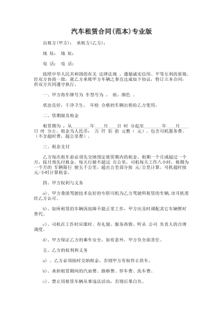 205.汽车租赁合同(范本)专业版