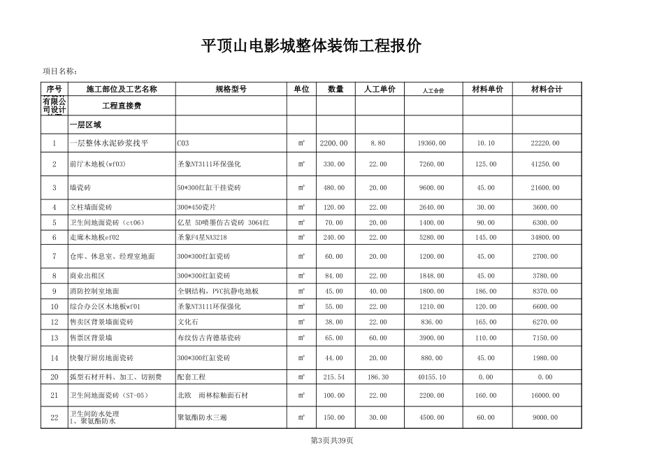 1、电影城整体装饰工程报价表(预算书)_第3页