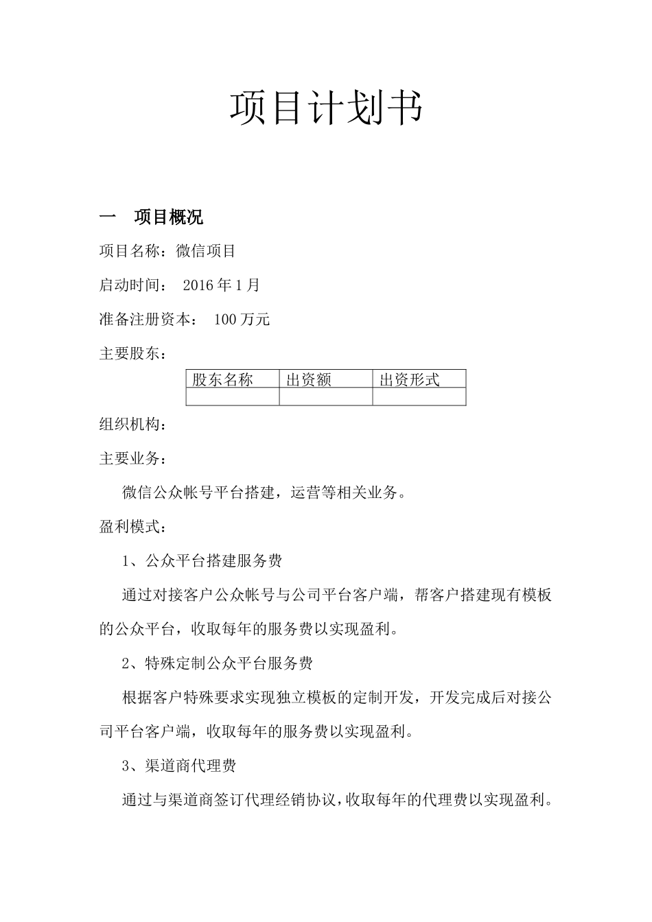 互联网微信平台创业项目计划书_第1页