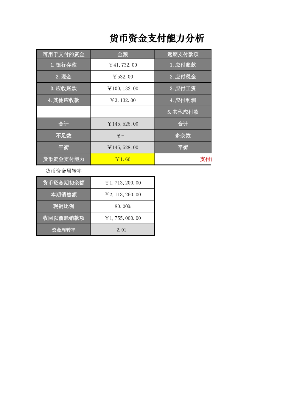 货币资金支付能力分析表_第1页