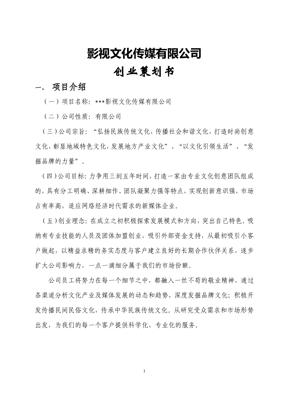 影视文化传媒有限公司创业策划书_第1页