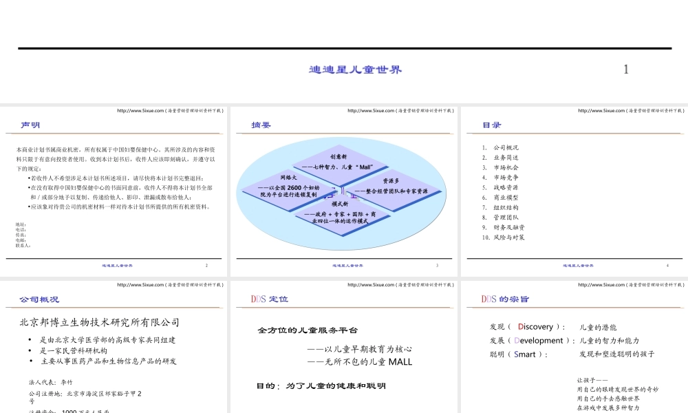 迪迪星儿童世界（DDS）商业计划书