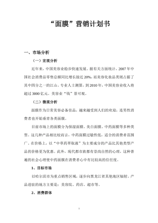 化妆面膜营销计划书