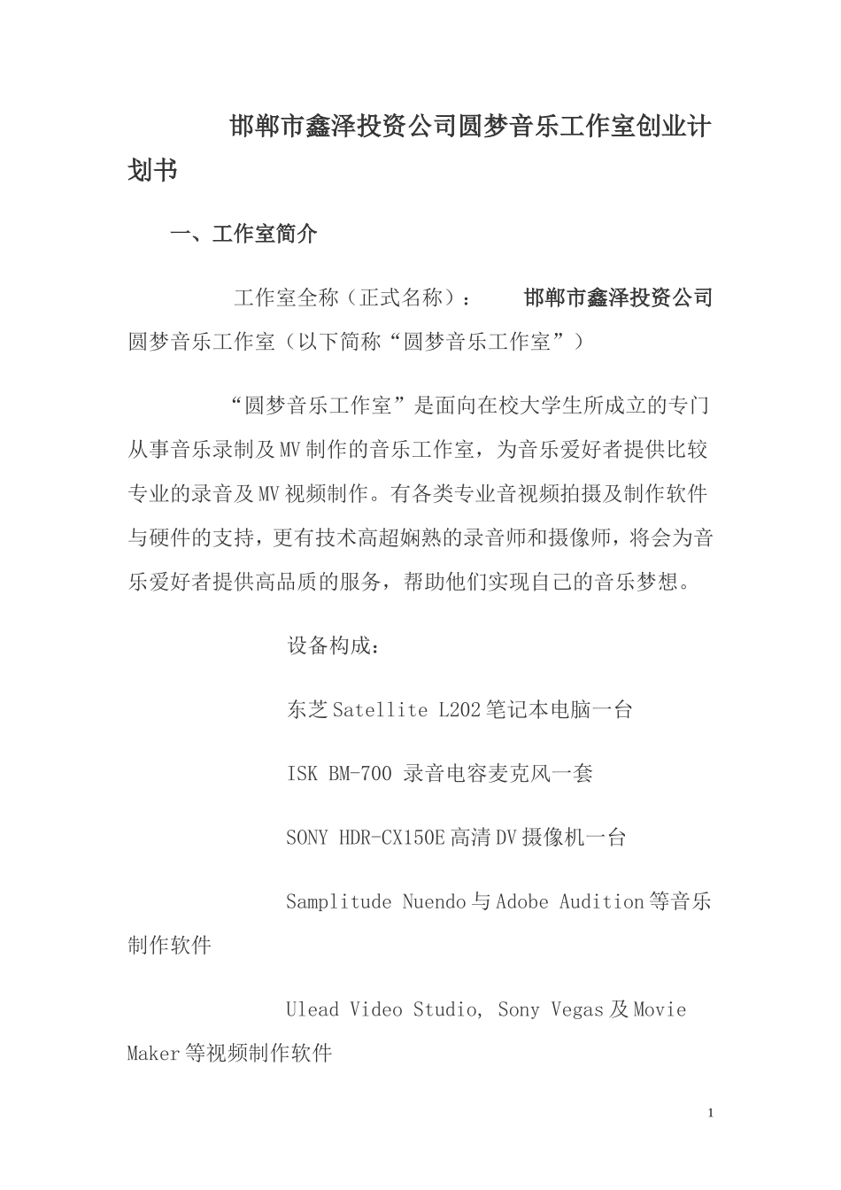 惠恩音乐工作室创业计划书_第1页