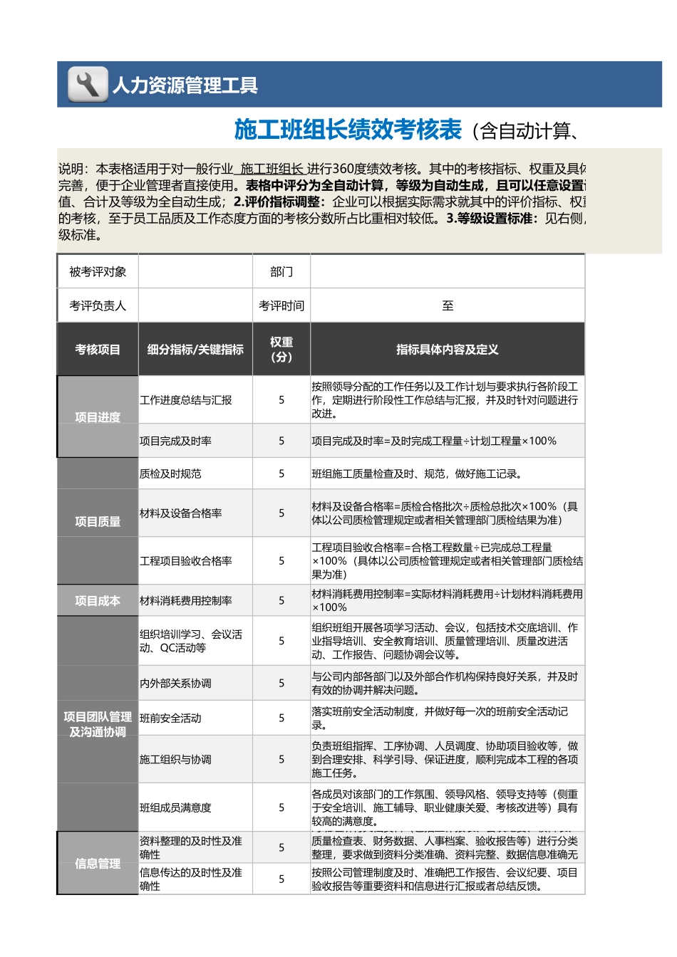 08-5-施工班组长绩效考核表（含自动计算与等级评价）_第1页