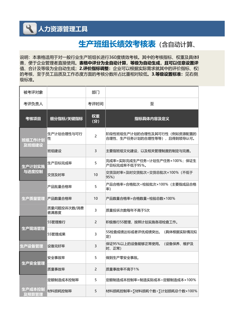 3-生产班组长绩效考核表（含自动计算、等级评价）_第1页