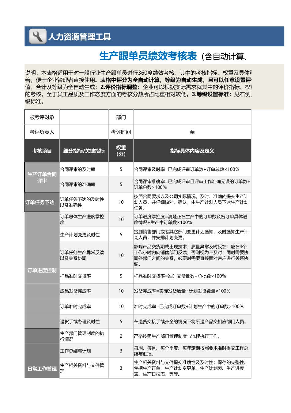 6-生产跟单员绩效考核表（含自动计算、等级评价）_第1页