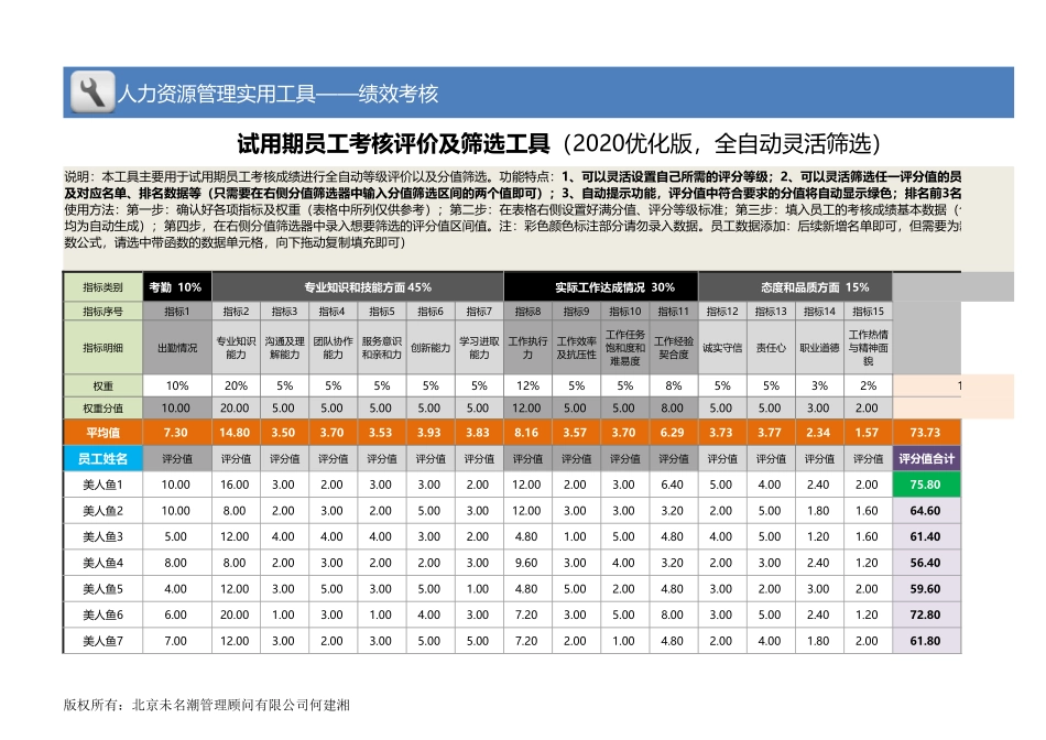【绩效考核工具】试用期员工考核评价及筛选工具（全自动）_第1页
