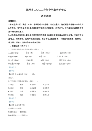 精品解析2022年山东省滨州市中考语文真题（解析版）