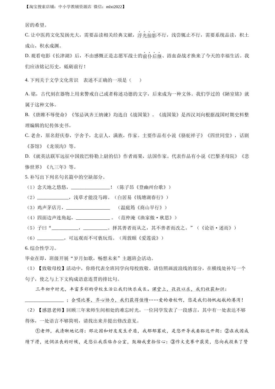 精品解析2022年山东省临沂市中考语文真题（原卷版）_第2页