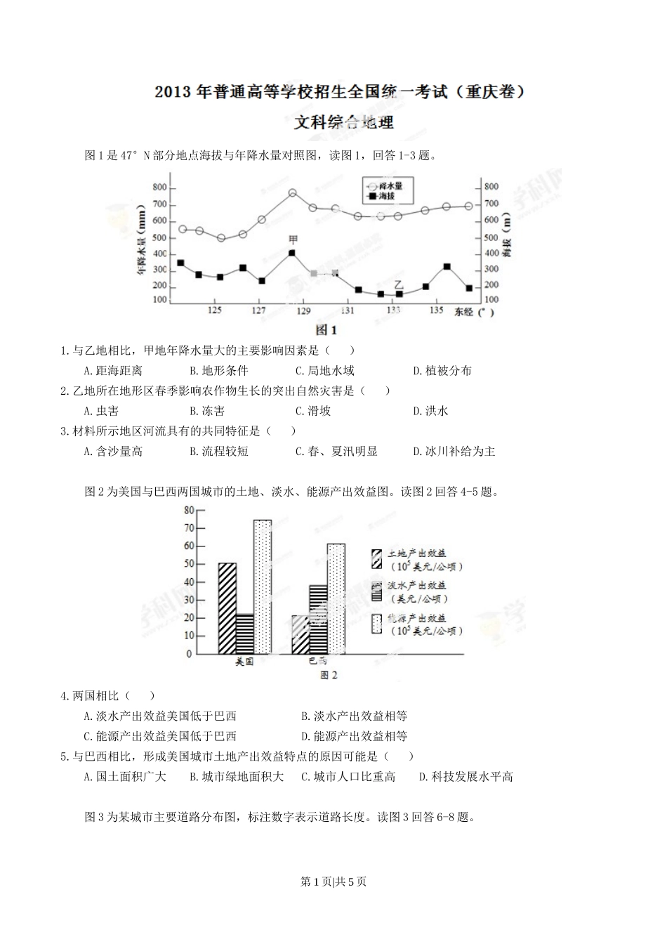 2013年高考地理试卷（重庆）（空白卷）_第1页