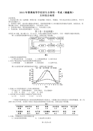 2015年高考地理试卷（福建）（空白卷）