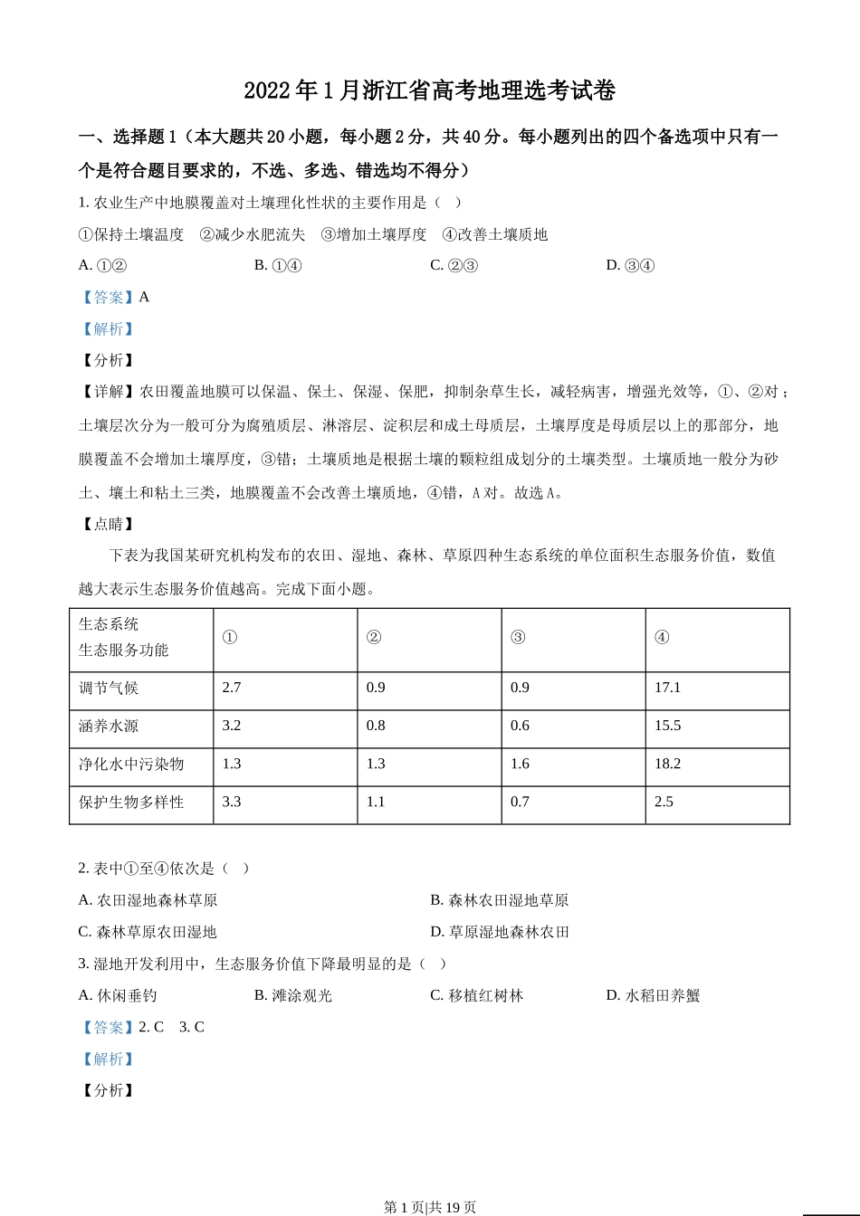 2022年高考地理试卷（浙江）（1月）（解析卷）_第1页