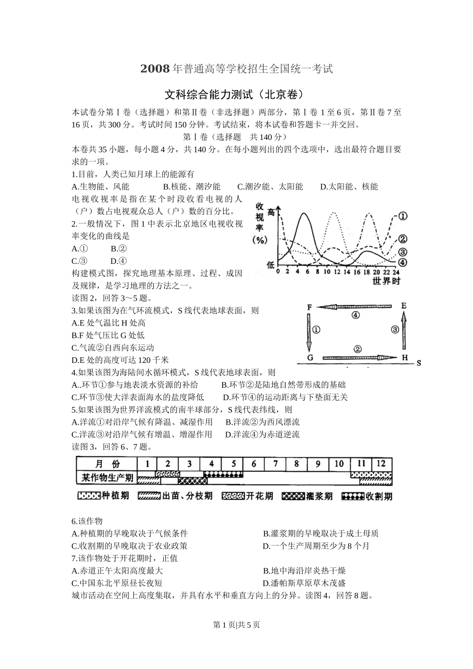 2008年高考地理试卷（北京）（空白卷）_第1页
