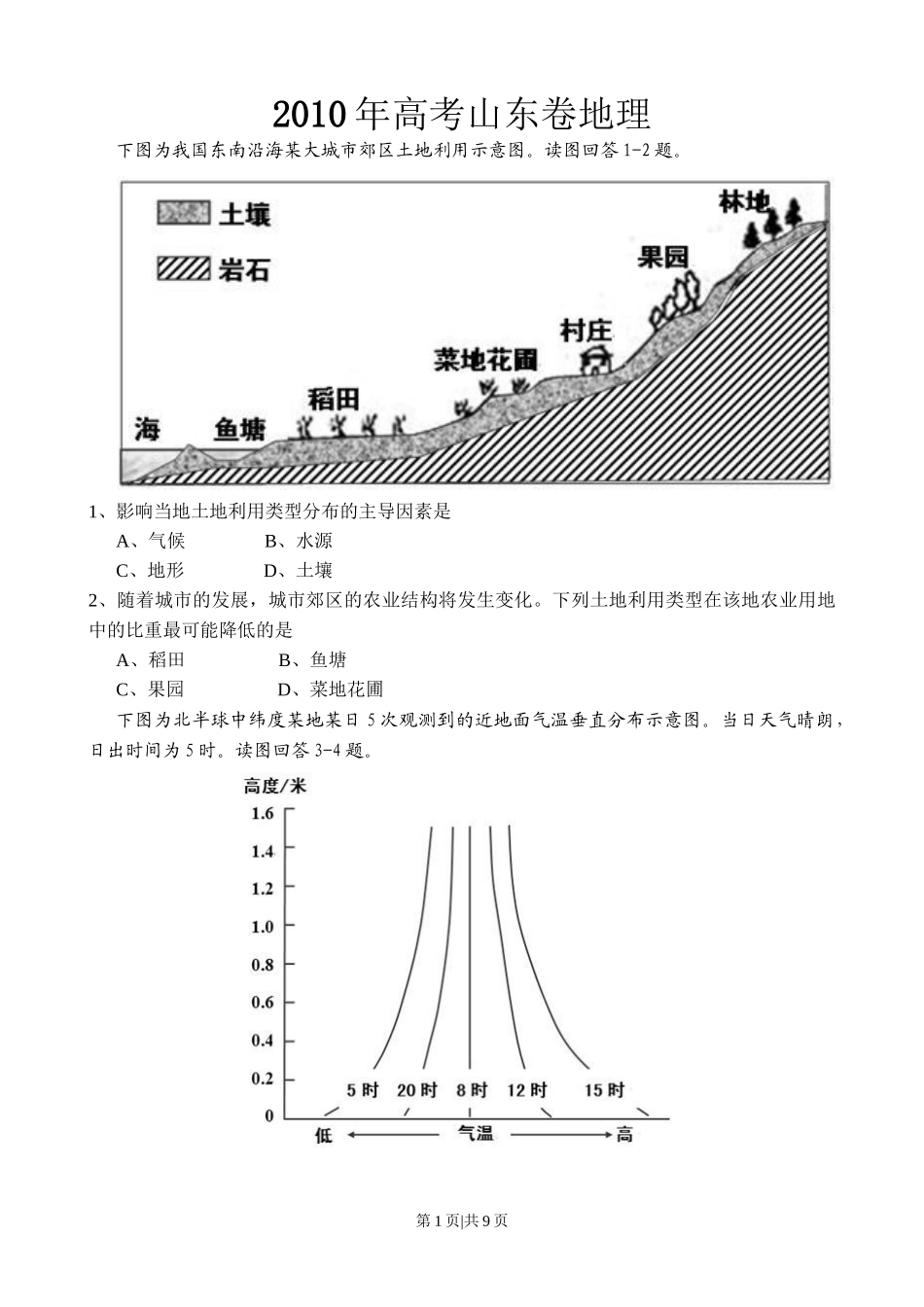 2010年高考地理试卷（山东）（空白卷）_第1页
