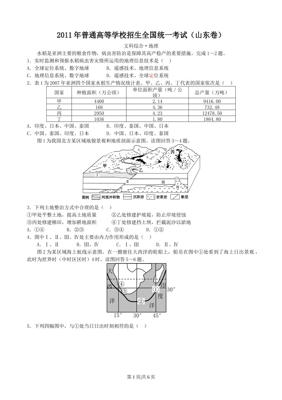 2011年高考地理试卷(山东)(空白卷)_第1页