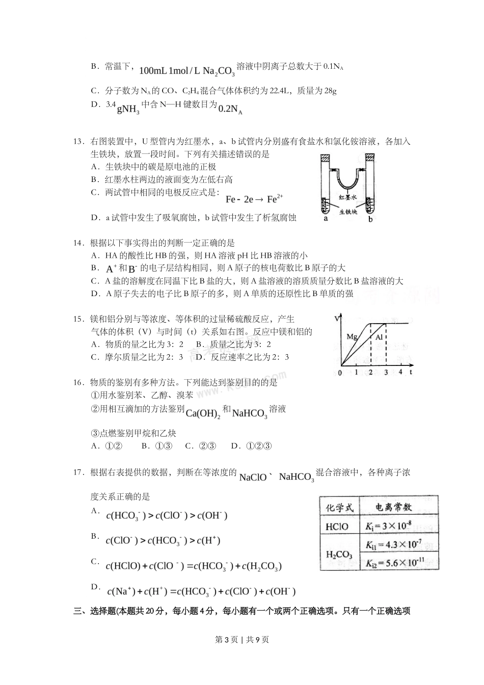 2009年高考化学试卷（上海）（空白卷）_第3页