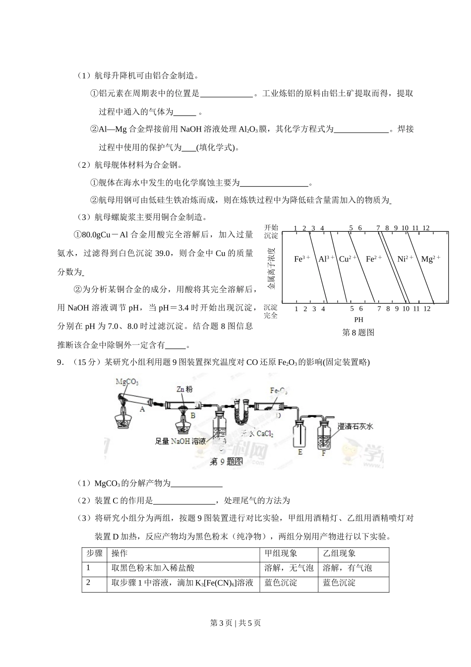 2013年高考化学试卷（重庆）（空白卷）_第3页
