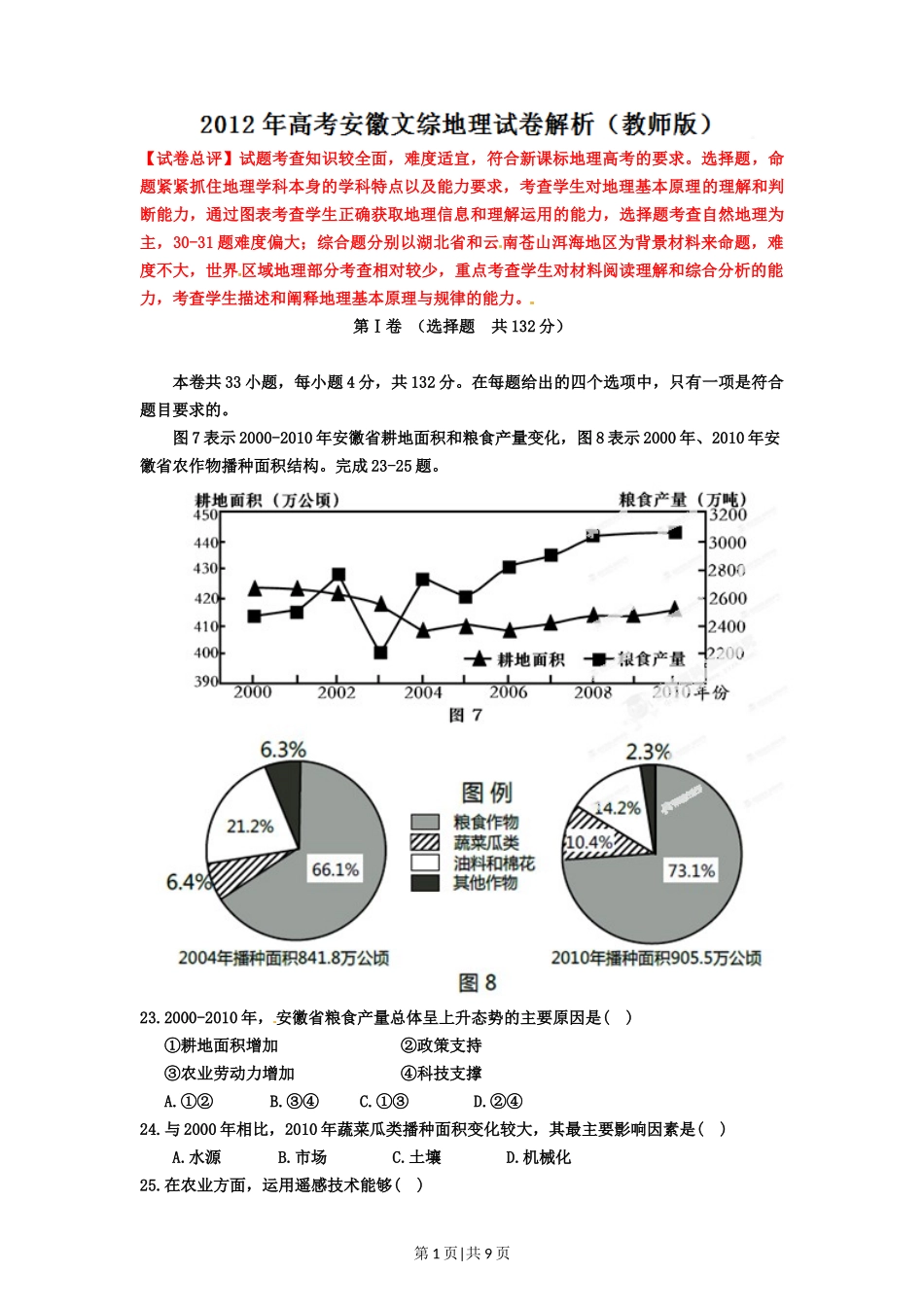 2012年高考地理试卷（安徽）（解析卷）_第1页