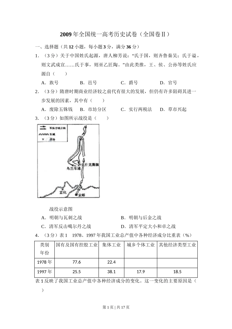 2009年高考历史试卷(全国卷Ⅱ)(解析卷)_第1页