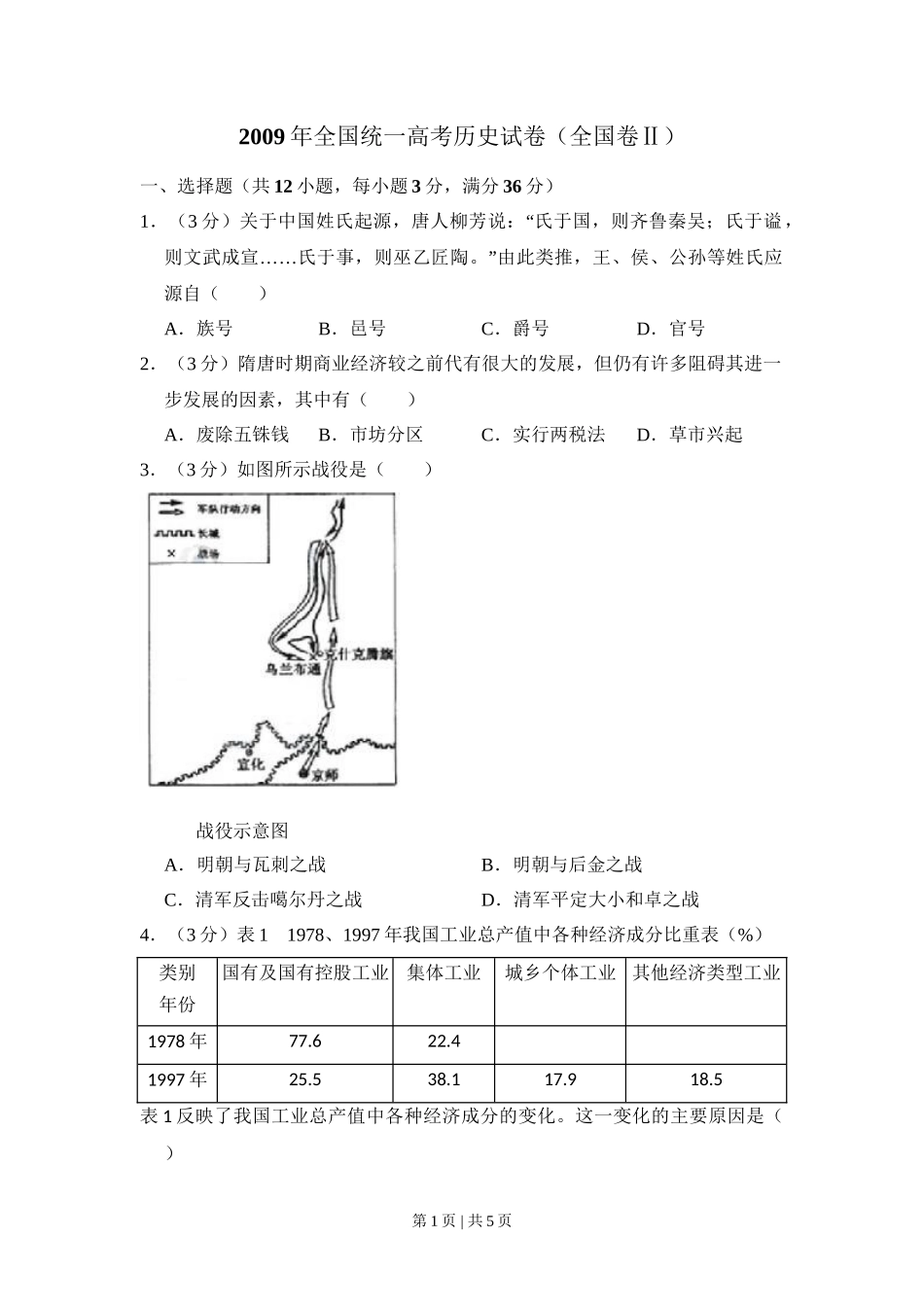 2009年高考历史试卷(全国卷Ⅱ)(空白卷)_第1页