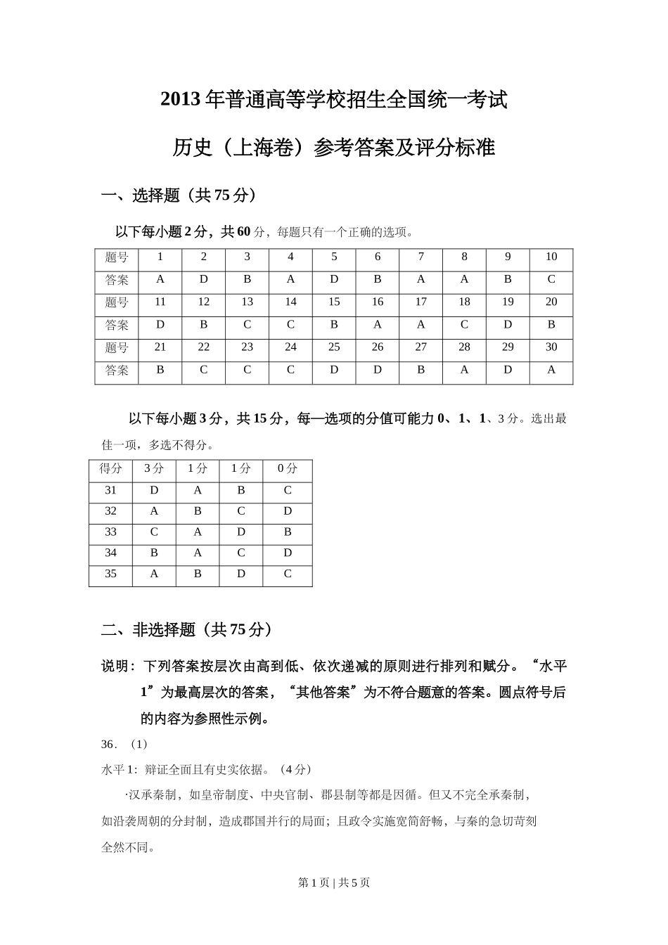 2013年高考历史试卷（上海）（答案）_第1页