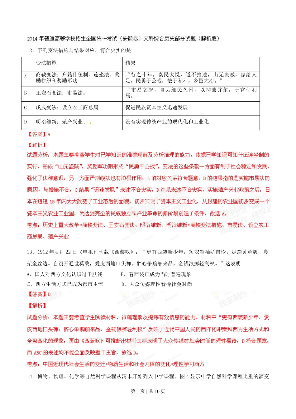2014年高考历史试卷(安徽)(解析卷)_第1页