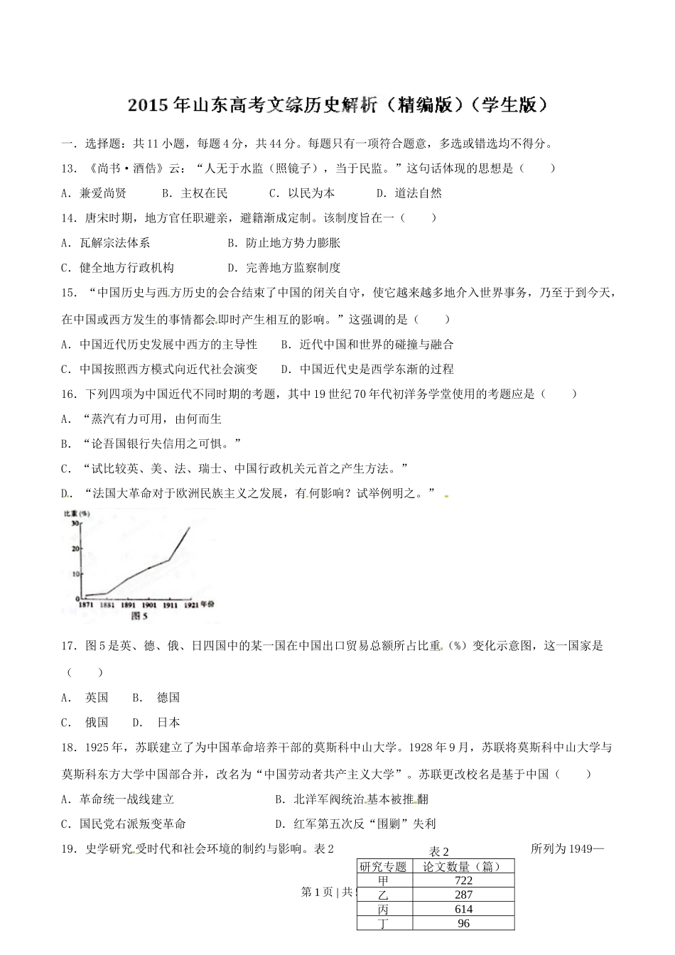 2015年高考历史试卷（山东）（空白卷）_第1页