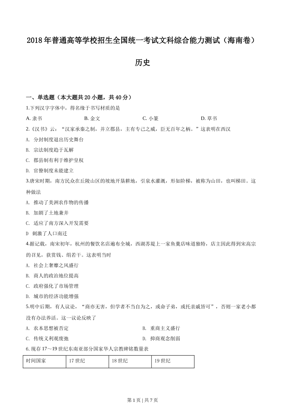 2018年高考历史试卷(海南)(空白卷)_第1页