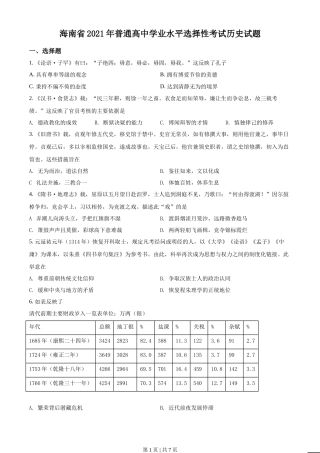 2021年高考历史试卷（海南）（空白卷）
