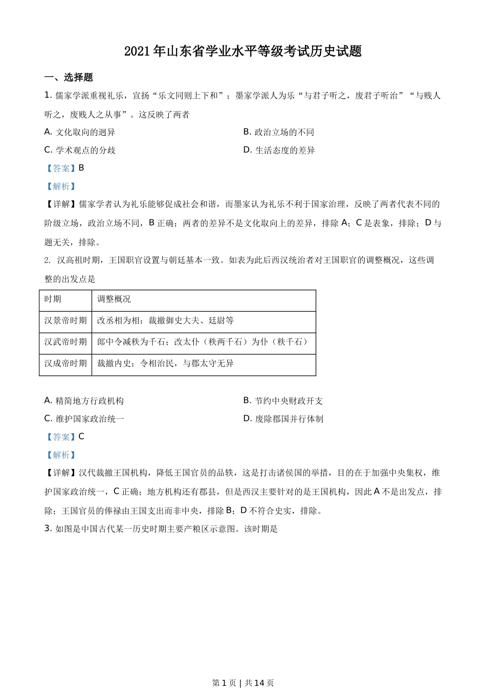 2021年高考历史试卷(山东)(解析卷)_第1页