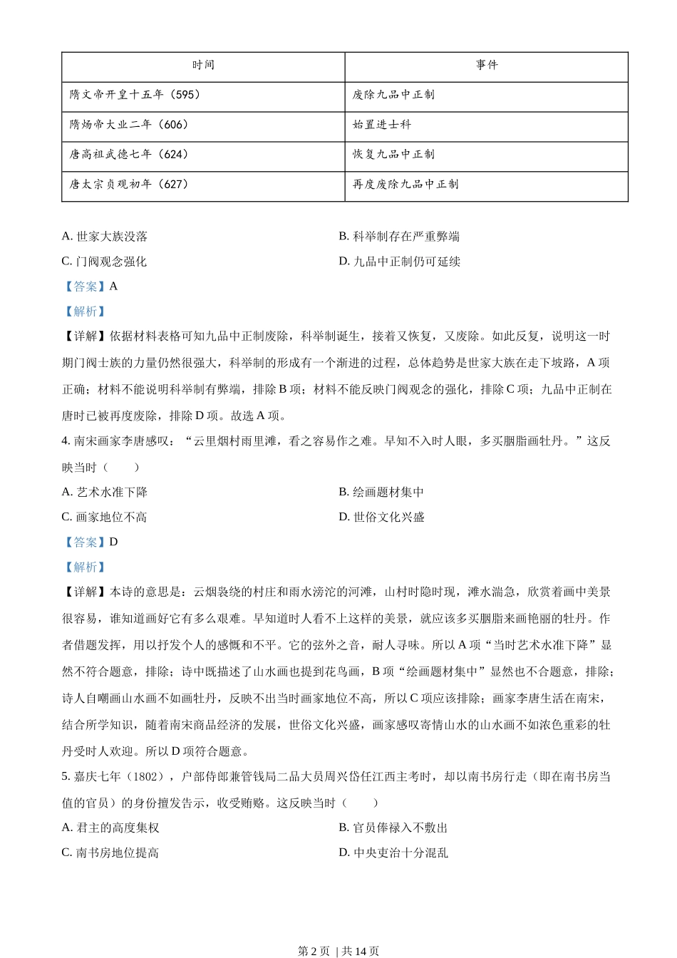 2022年高考历史试卷（湖南）（解析卷）_第2页