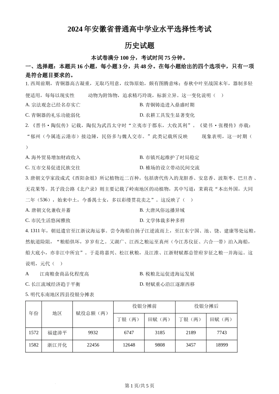 2024年高考历史试卷（安徽）（空白卷）_第1页
