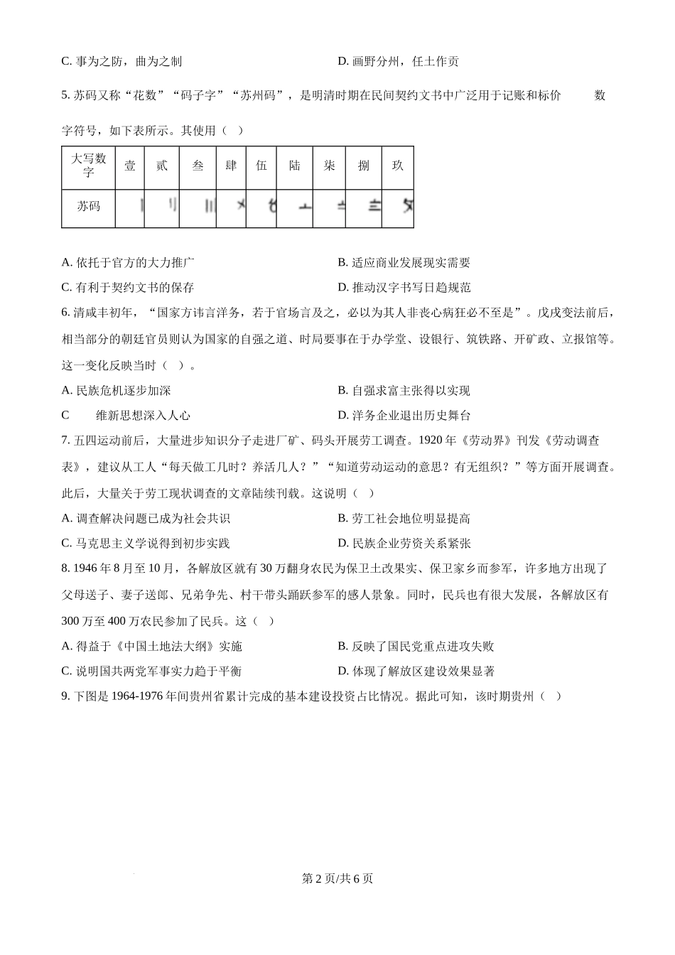 2024年高考历史试卷(贵州)(空白卷)_第2页