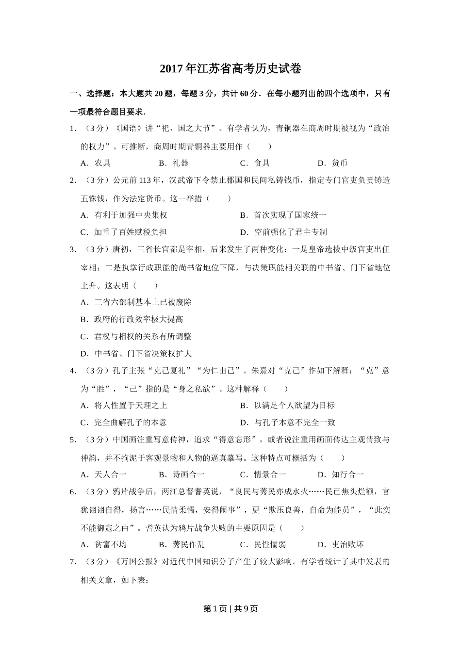 2017年高考历史试卷(江苏)(空白卷) _第1页