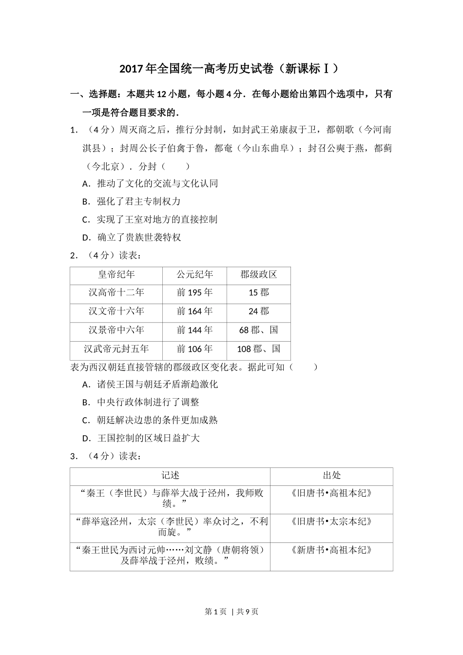2017年高考历史试卷(新课标Ⅰ)(空白卷)_第1页