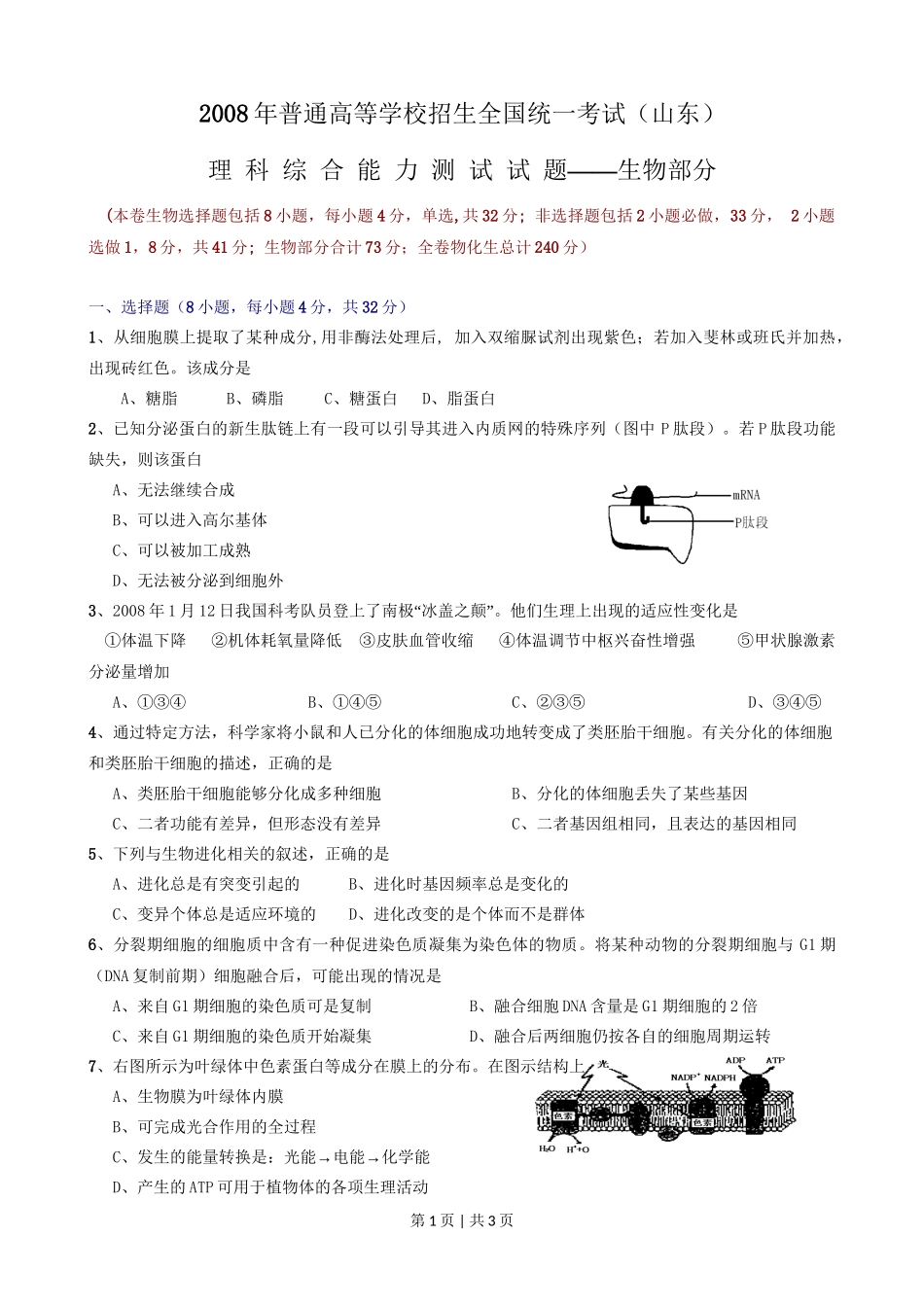 2008年高考生物试卷（山东）（空白卷）_第1页