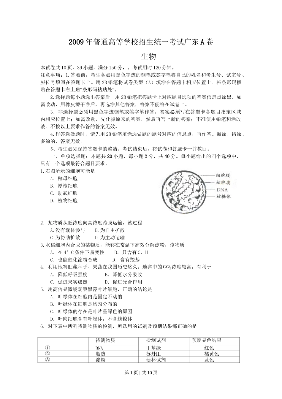 2009年高考生物试卷（广东）（空白卷）_第1页