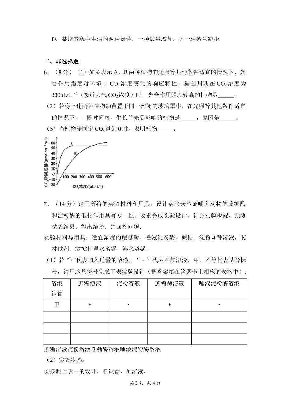 2009年高考生物试卷（全国卷Ⅱ）（空白卷）_第2页